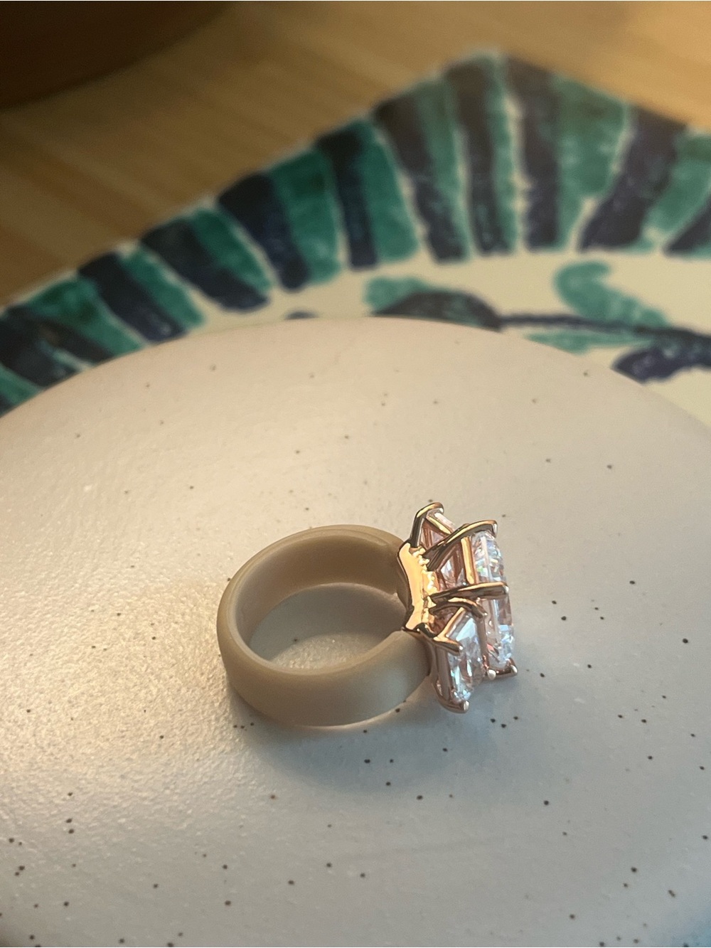 Three-Stone Emerald Cut CZ Crystal Silicone band Ring in Gold / tan size 4 - Picture 4 of 13